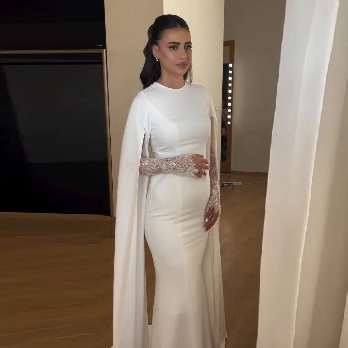 Ivory Minimalist Modest Mermaid Beaded Satin Wedding Dress Sweep Train SW513