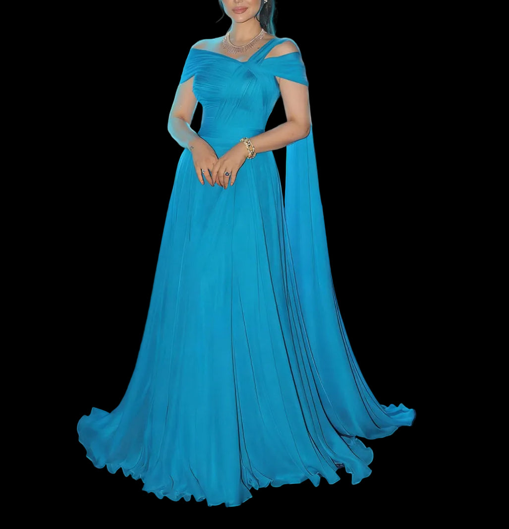 Luxury Blue Cold Shoulder Cross Neck Flowy Cape Evening Dress SF067