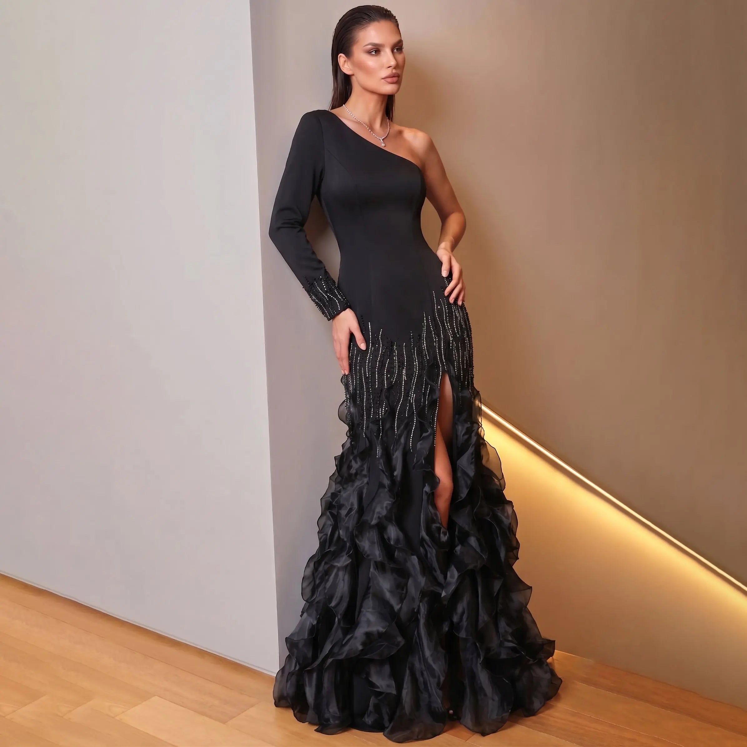 Black One Shoulder Beaded Fringe Ruffle Mermaid Evening Gown SS596