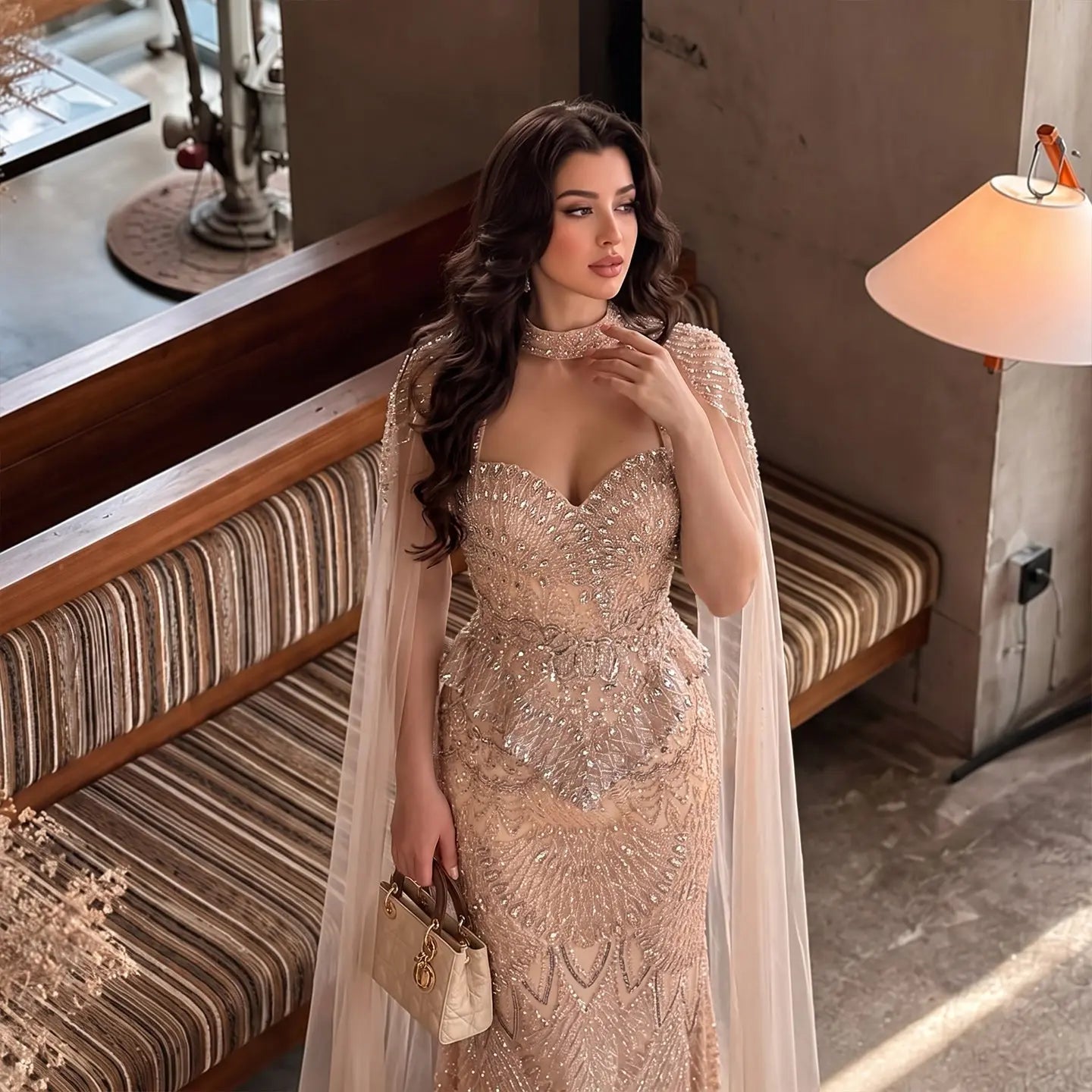 Champagne Beaded Sequined Mermaid Evening Gown With Cape SS018 - Champagne