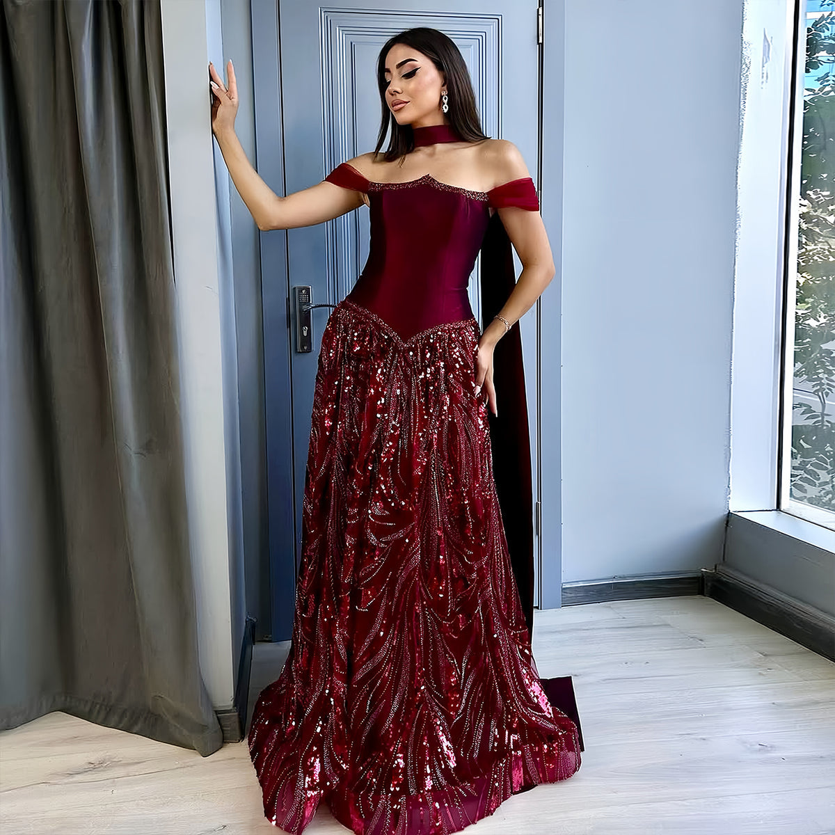 red sequin off shoulder dress Luxury Wine Beaded Off-Shoulder Evening with weddings and formal nights Size:X-Smal SD-06.16.26 Bell Sleeve Modest Long