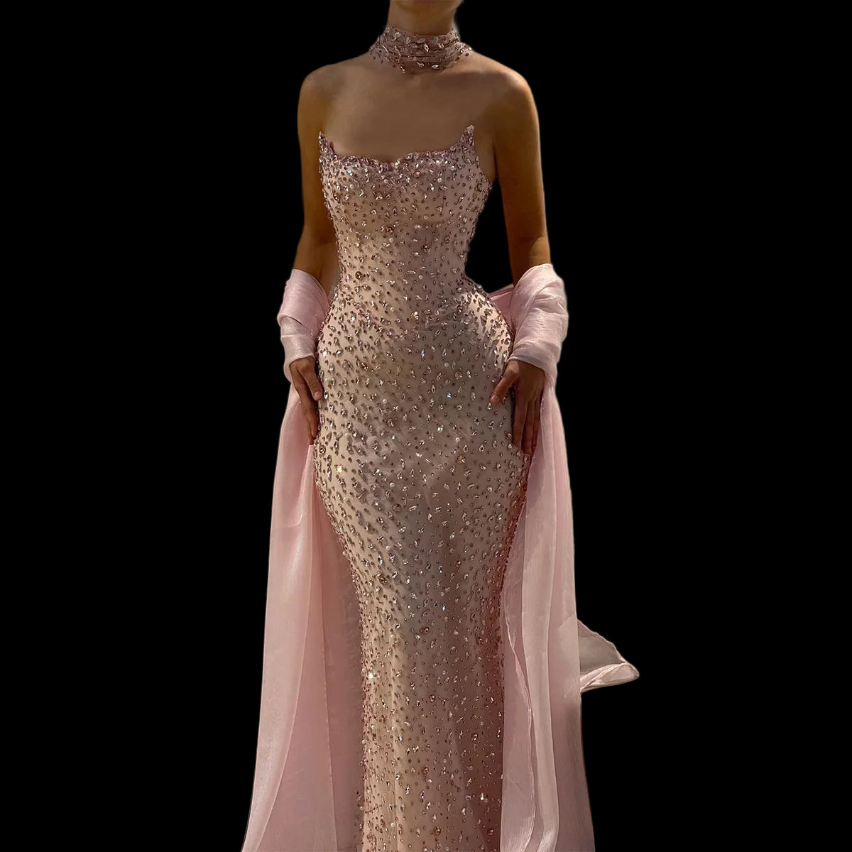 Luxury Pink Strapless Crystal Evening Dress with Cape and Choker SS382
