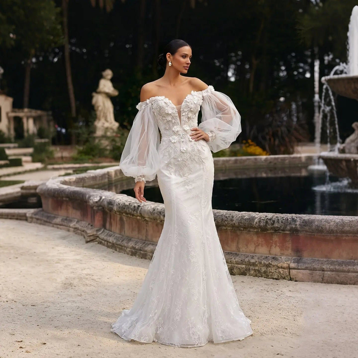 White Off‑The‑Shoulder Puff Sleeve 3D Floral Mermaid Wedding Dress SW630