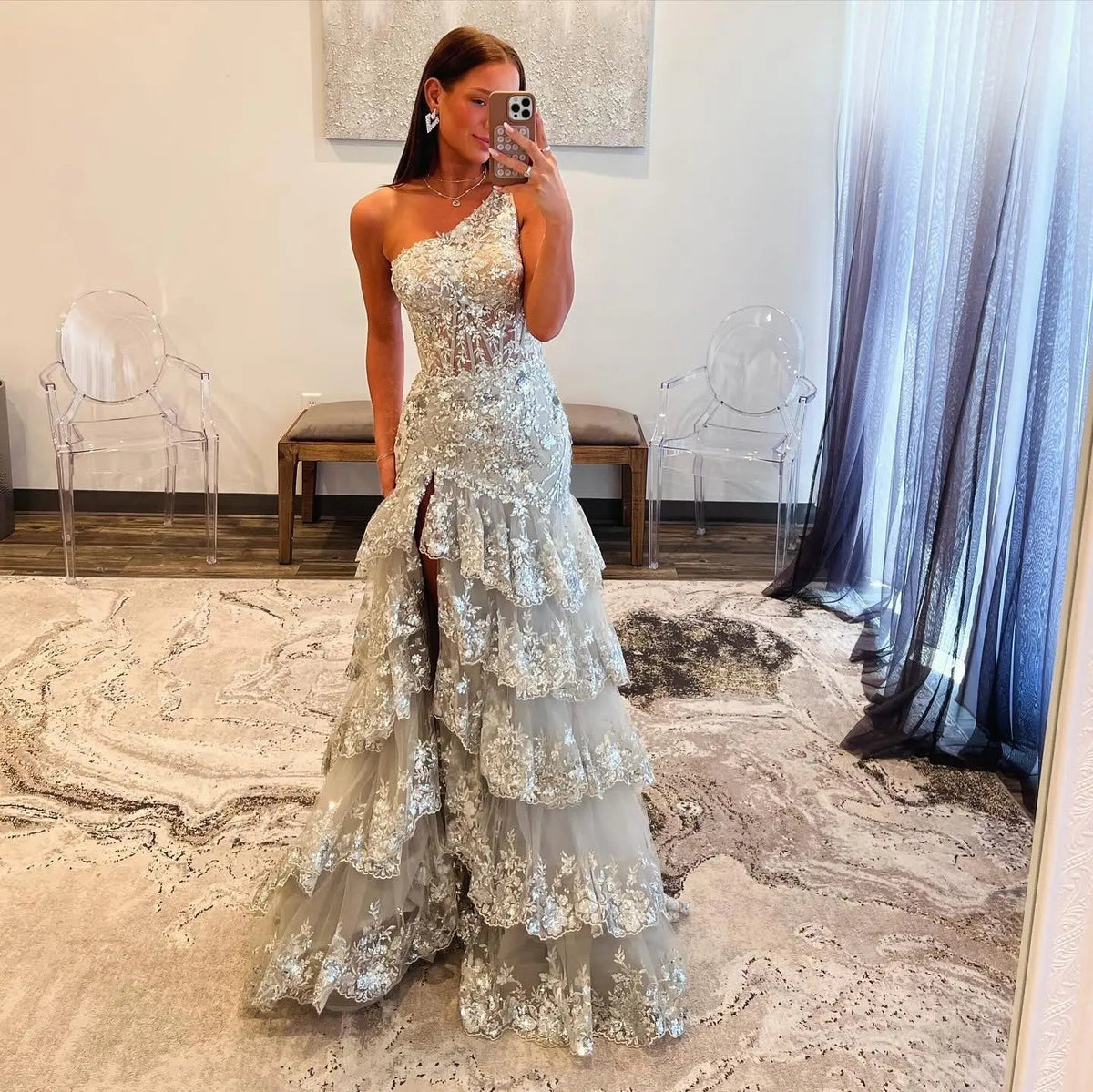Luxury Gray One-Shoulder Beaded Tiered High-Slit Prom Dress SH152