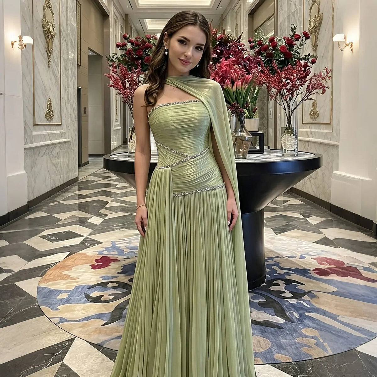 Green Pleated Drape Cape Formal Evening Maxi Dress SF189