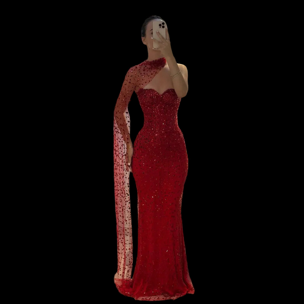 Luxury Red Sheer Mesh Crystal Beaded Mermaid Evening Dress with Cape SS711