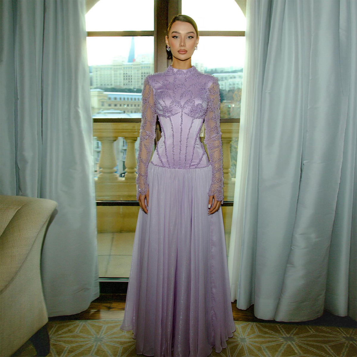 Luxury Lilac High Neck Beaded Long Sleeve Corset Evening Dress SS786