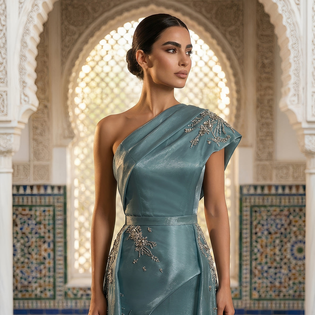 Luxury Turquoise Crystal One-Shoulder Evening Dress with Overskirt SS600