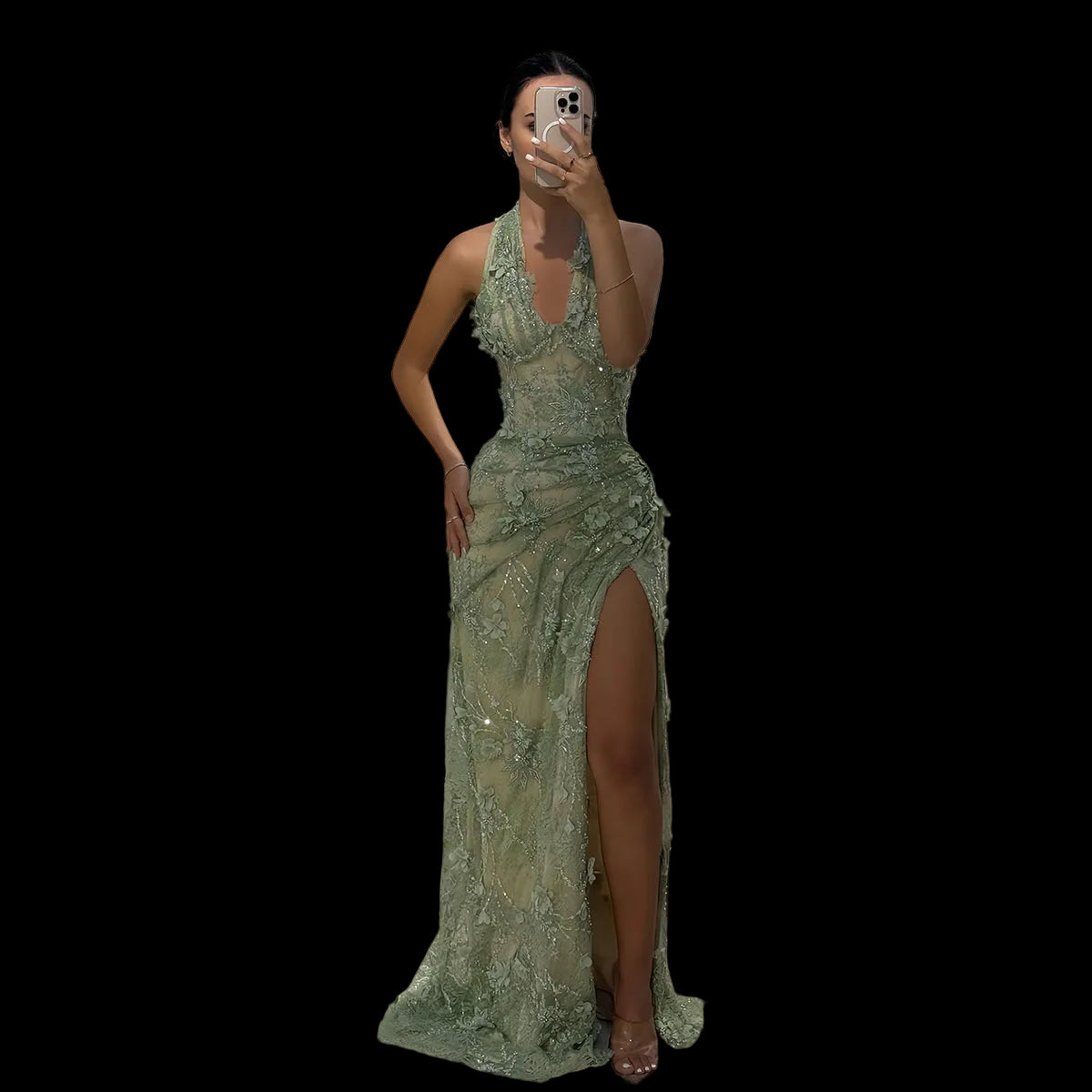 Luxury Green Halter Neck 3D Floral Lace Evening Dress with High Slit SF521