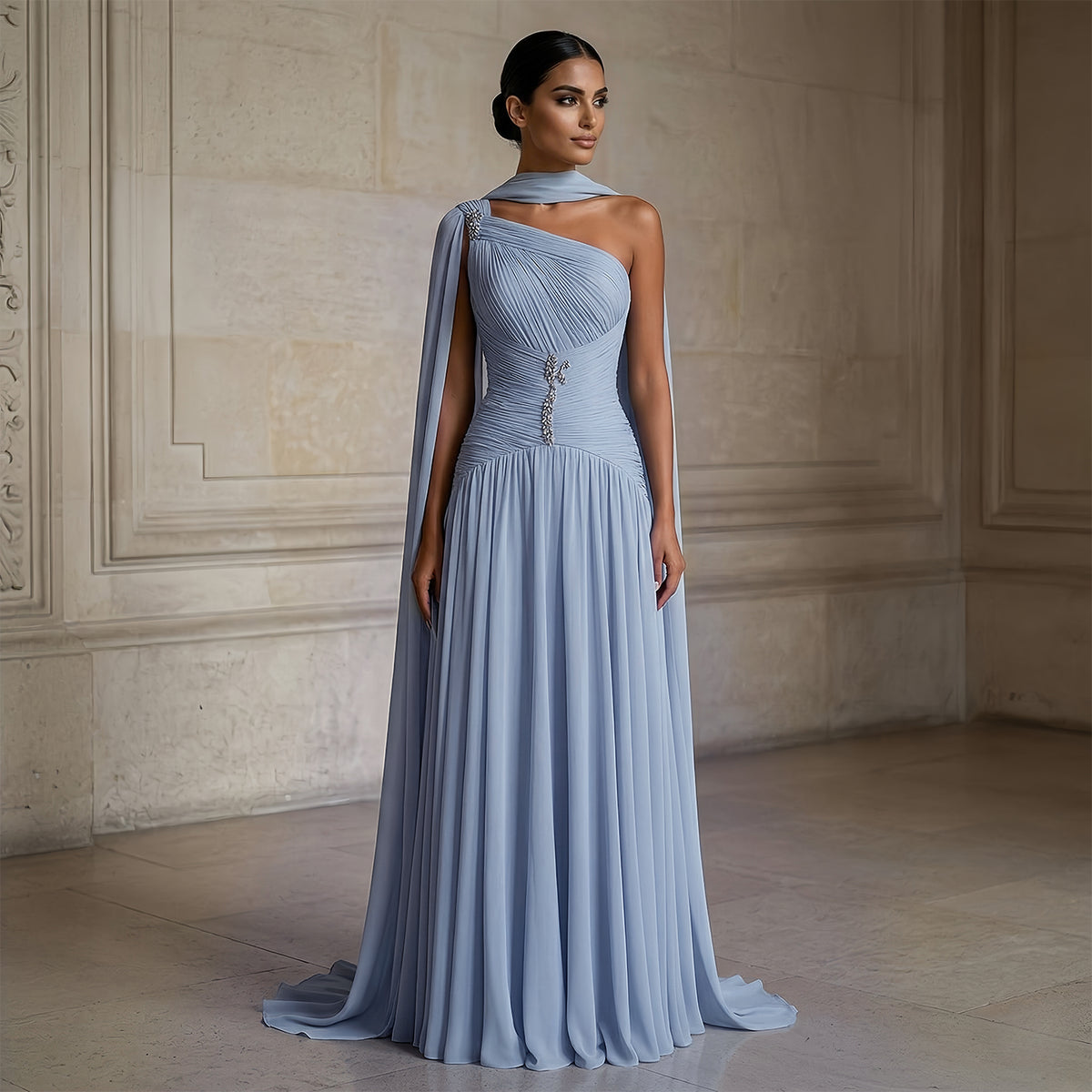 Elegant Gray Blue Beaded Ruched Chiffon Evening Dress with Capelet
