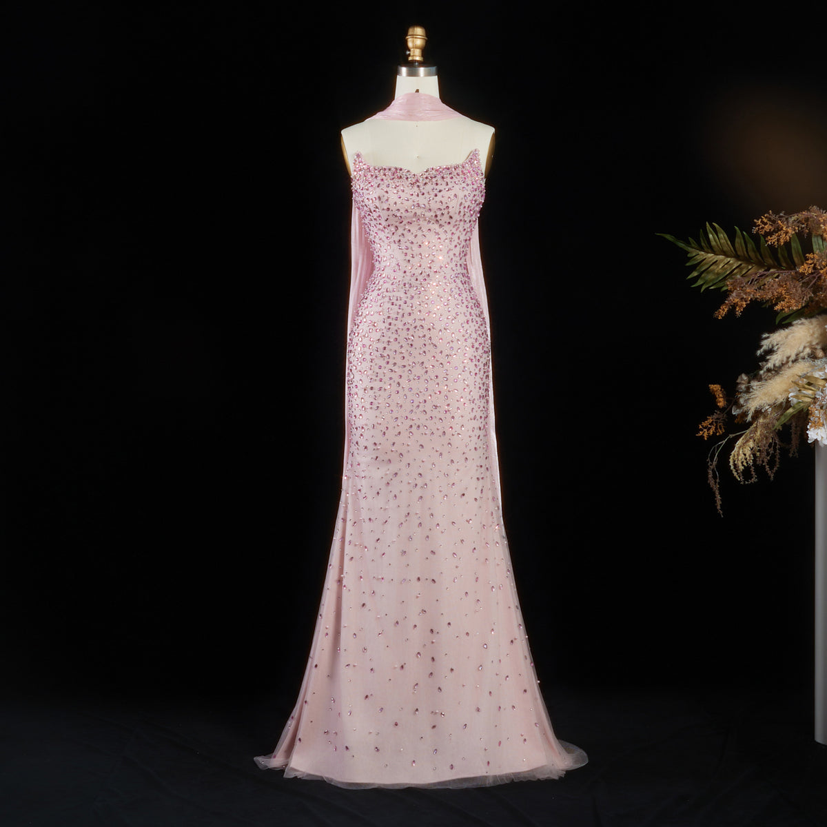 Luxury Pink Strapless Crystal Evening Dress with Cape and Choker SS382