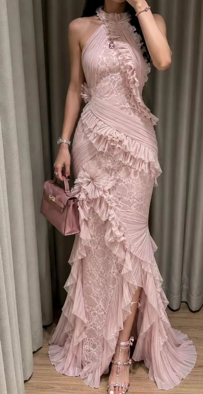 Pink Lace Halter Neck Ruffle Mermaid Evening Dress SF216