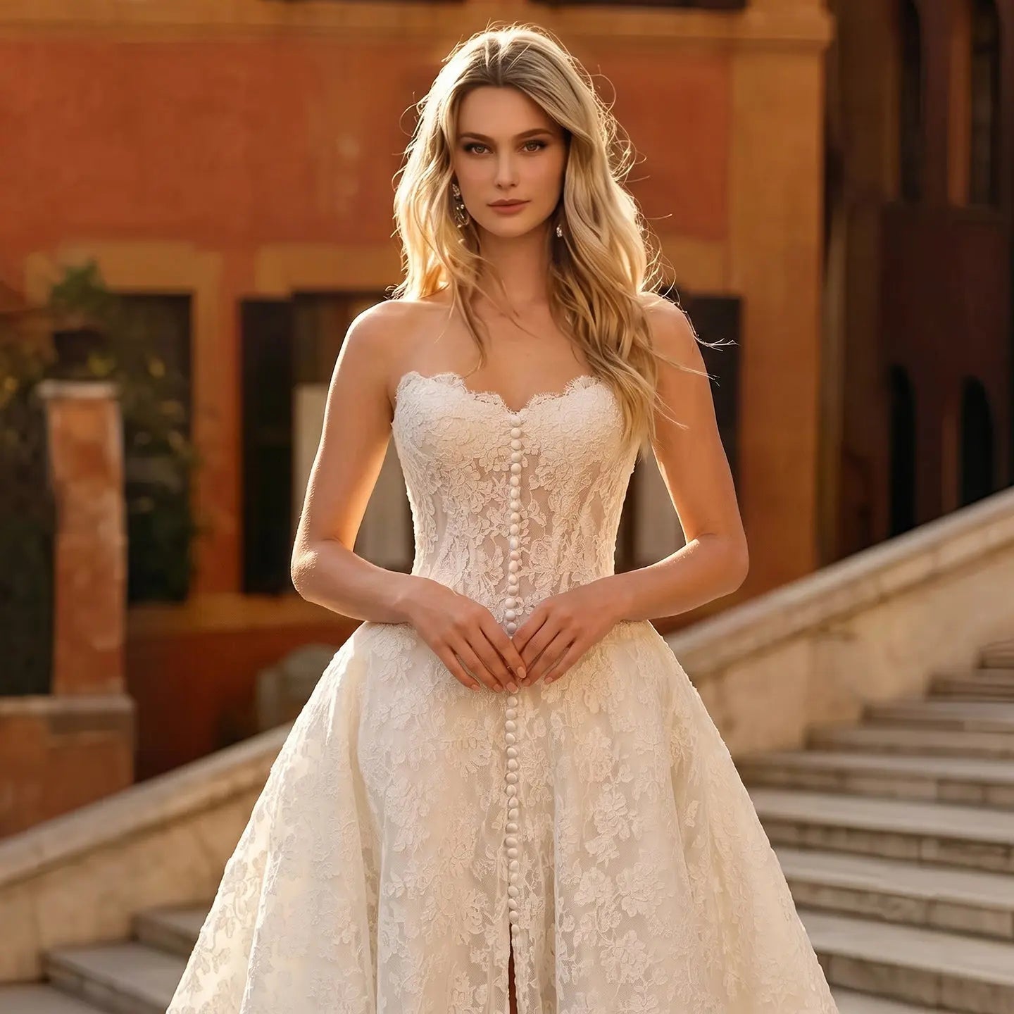 White Floral Lace Strapless Bridal Gown Sweetheart Neckline Front Button Ball Gown SW742 - White