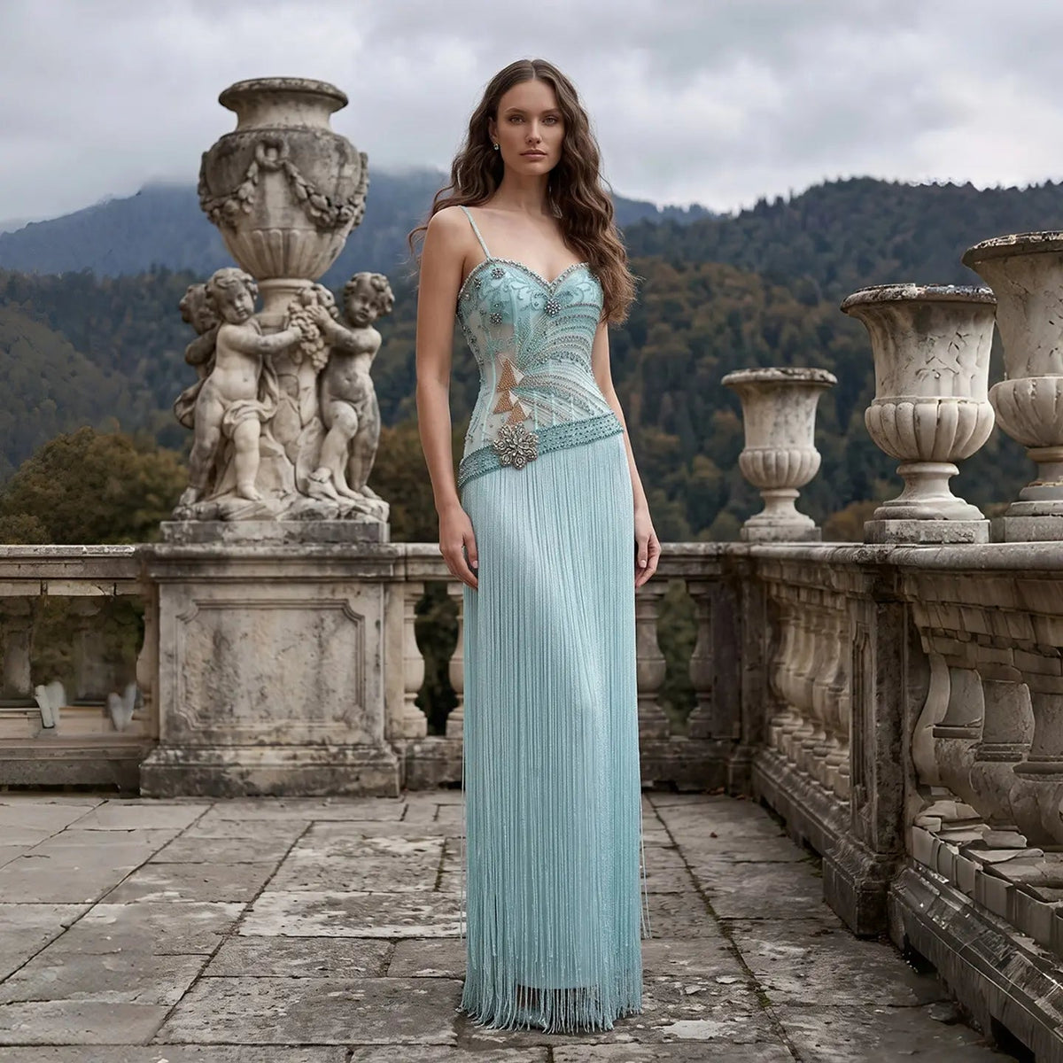 Aqua Beaded Corset Fringe Prom Formal Evening Dress SS202