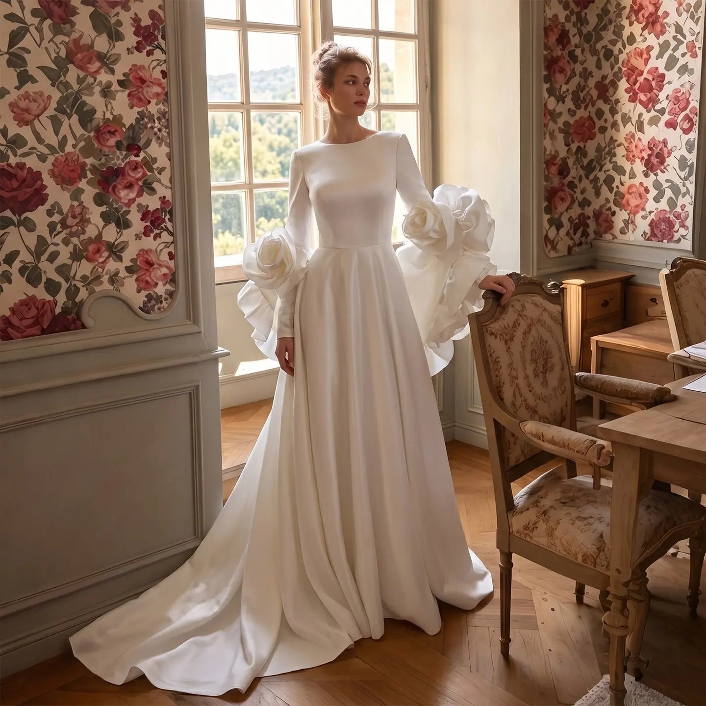 Ivory Romantic A-Line Satin Wedding Dress 3D Rose Floral With Veil SW661 - Ivory