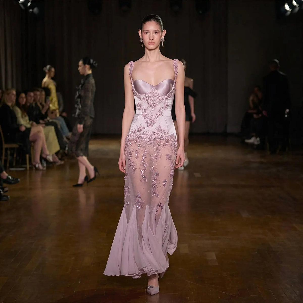 Pink Long Bell Sleeve Beaded Mermaid Evening Dress SS211