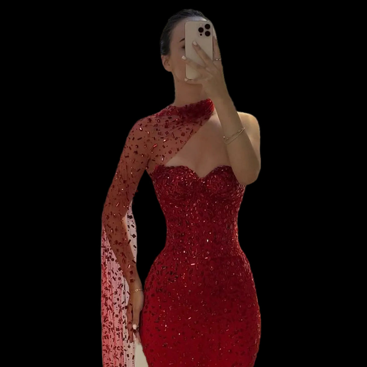 Luxury Red Sheer Mesh Crystal Beaded Mermaid Evening Dress with Cape SS711