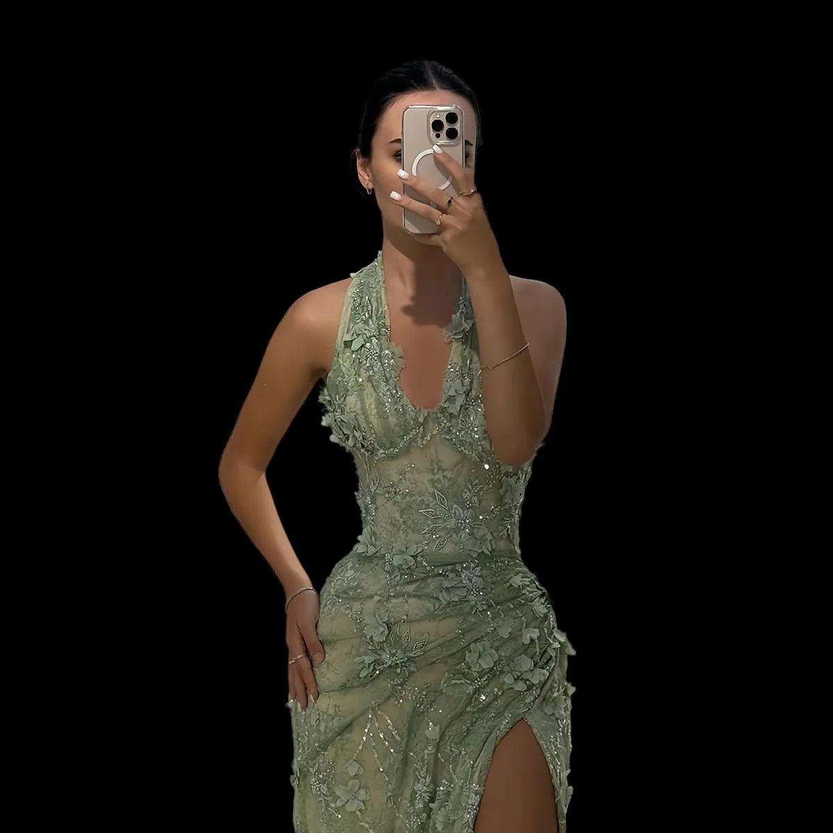 Luxury Green Halter Neck 3D Floral Lace Evening Dress with High Slit SF521