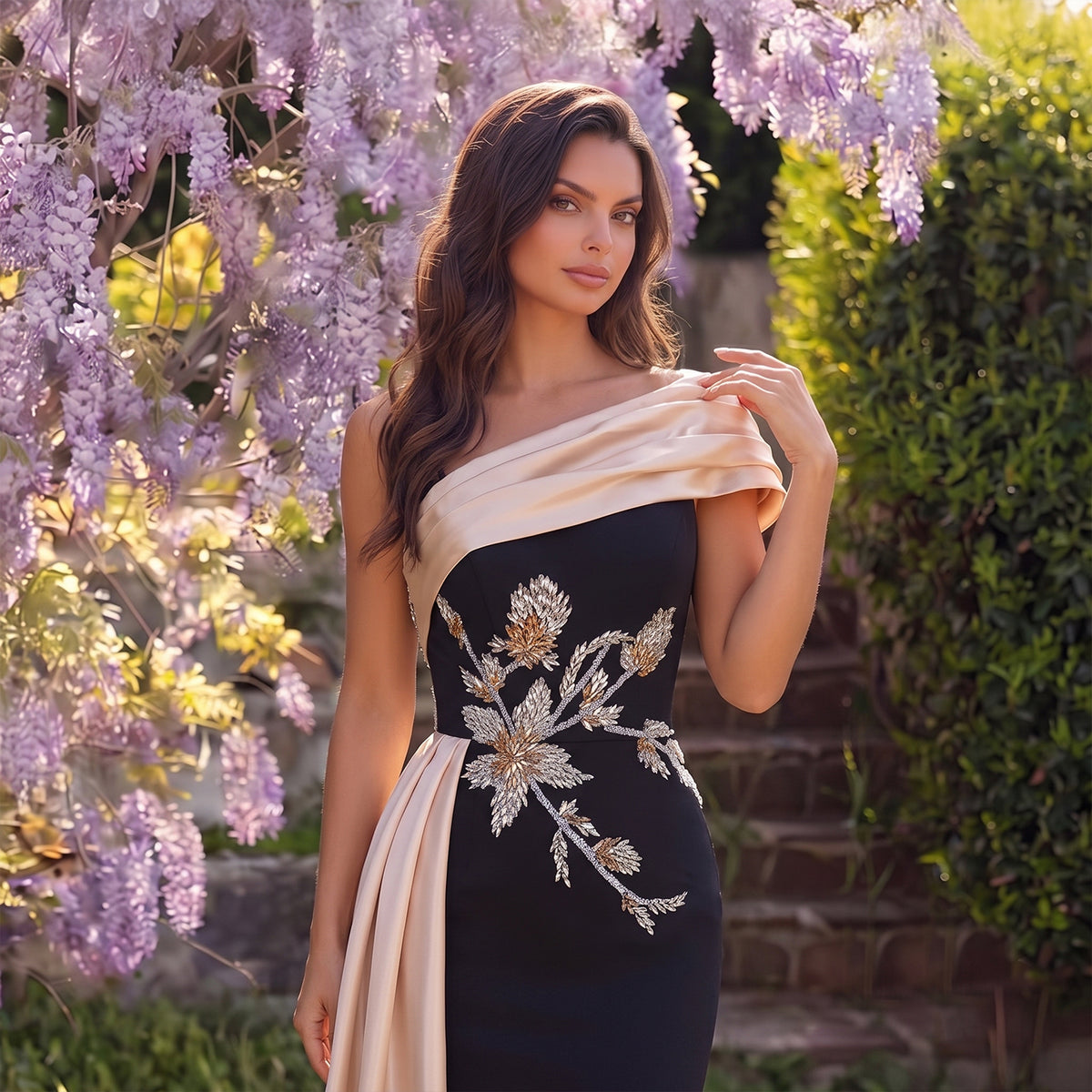 Elegant Satin 3D Floral Embroidery One-Shoulder Evening Dress SF414