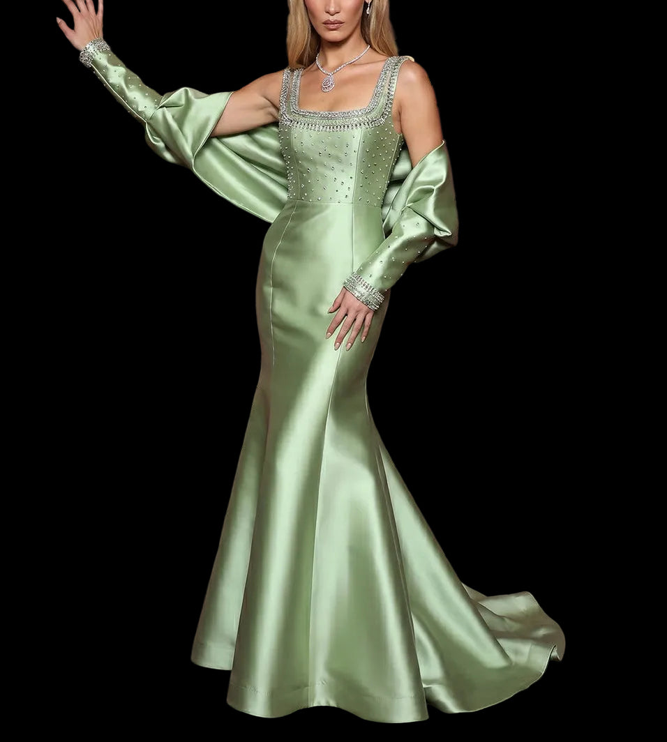 Dreamy Green Mermaid Beaded Evening Dress with Removable Sleeves SS574