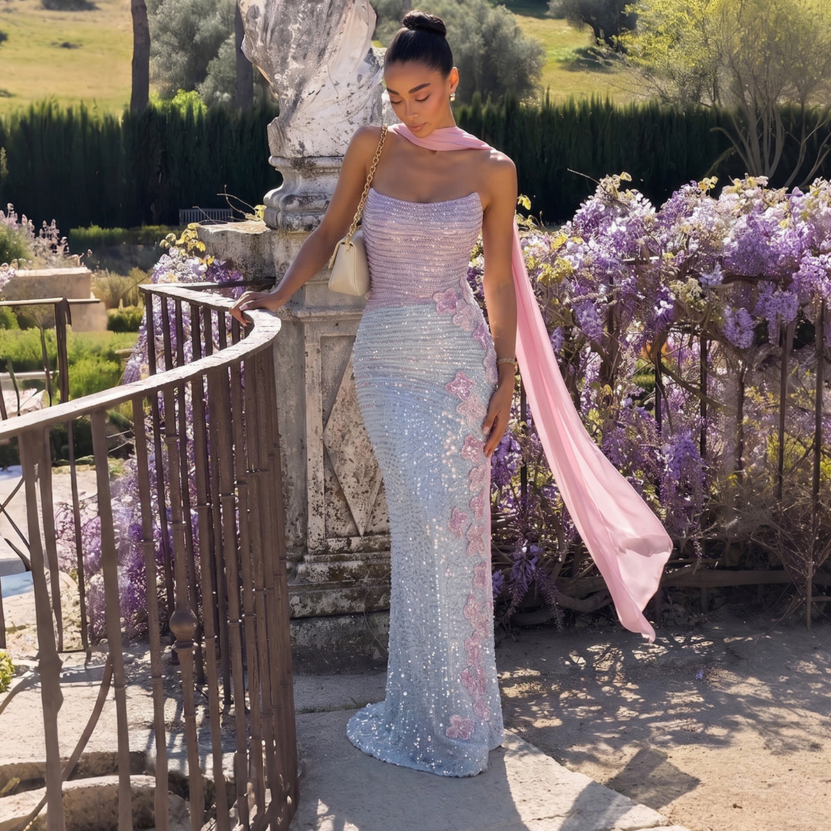 Glamorous Gradient Pink Silver Floral Sequin Mermaid Evening Dress with Scarf SS534