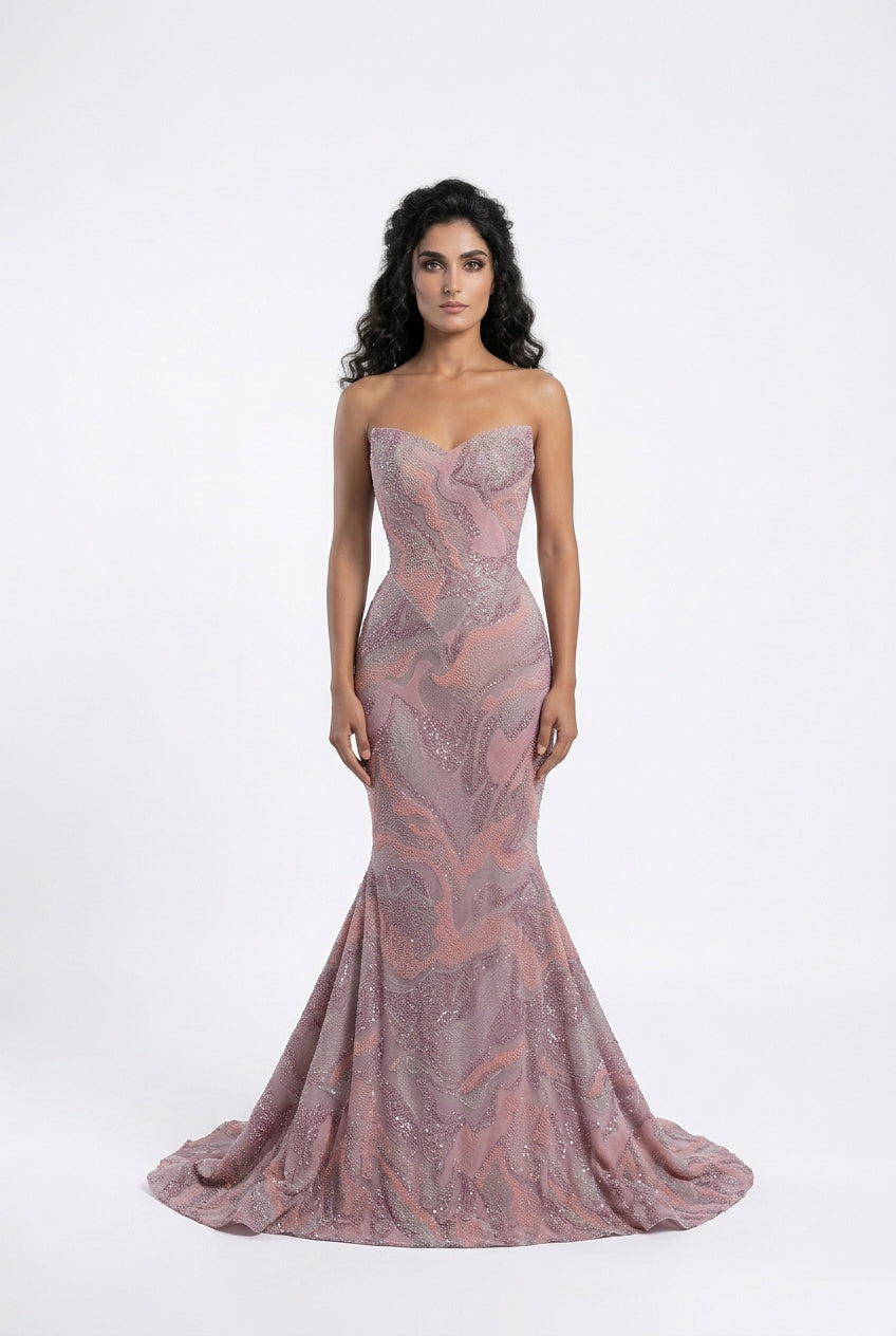 Luxury Pink Crystal Embellished Mermaid Evening Dress with Cape SS658