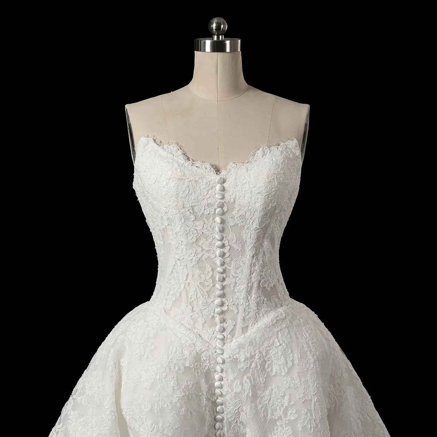 White Floral Lace Strapless Bridal Gown Sweetheart Neckline Front Button Ball Gown SW742 - White