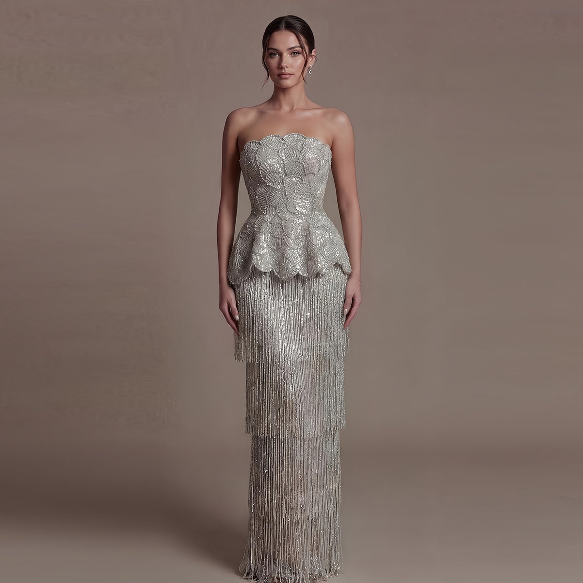 Modern Gray Strapless Peplum Fringe Two Pieces Mermaid Evening Dress SS370