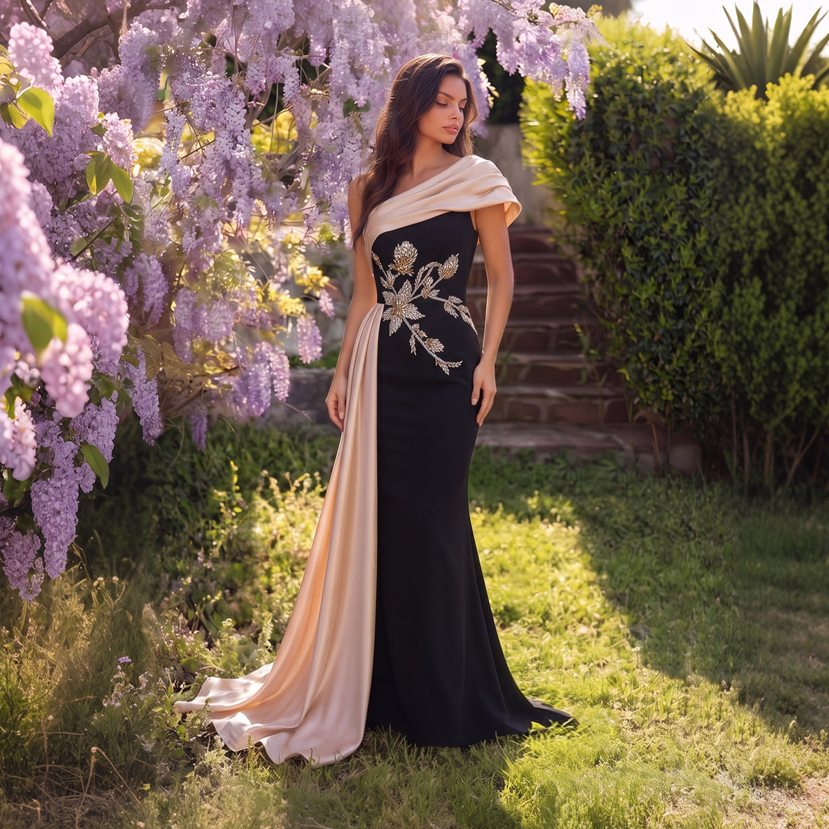 Elegant Satin 3D Floral Embroidery One-Shoulder Evening Dress SF414