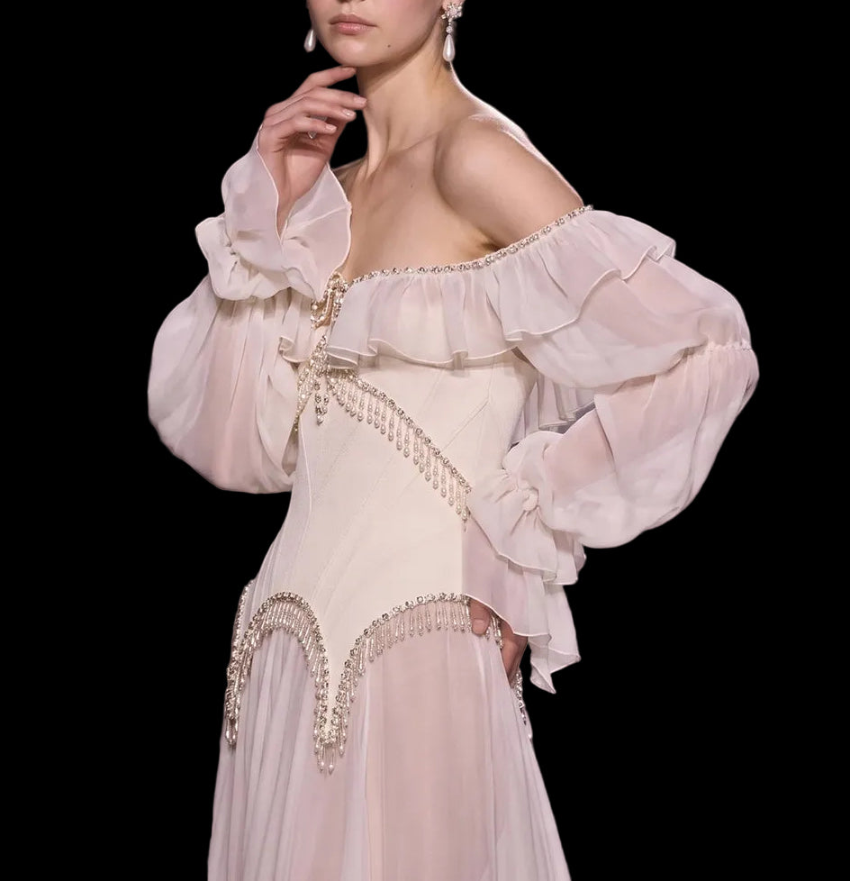 Elegant Pearl Pink Off Shoulder Chiffon Evening Dress SS412
