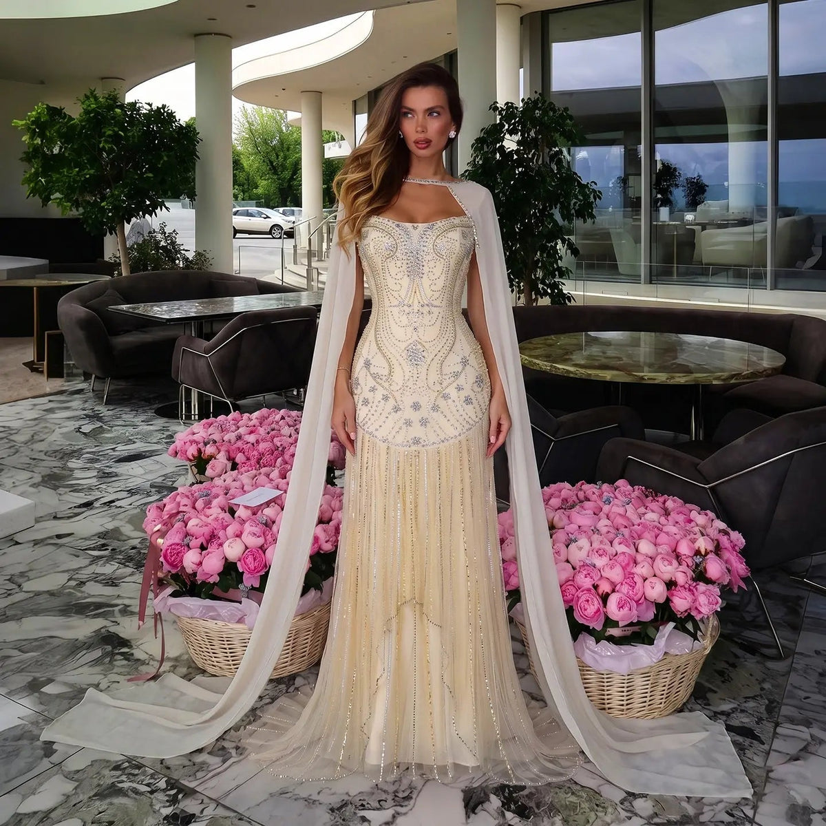 Yellow Rhinestone Cape Sleeve Mermaid Long Evening DressSS526