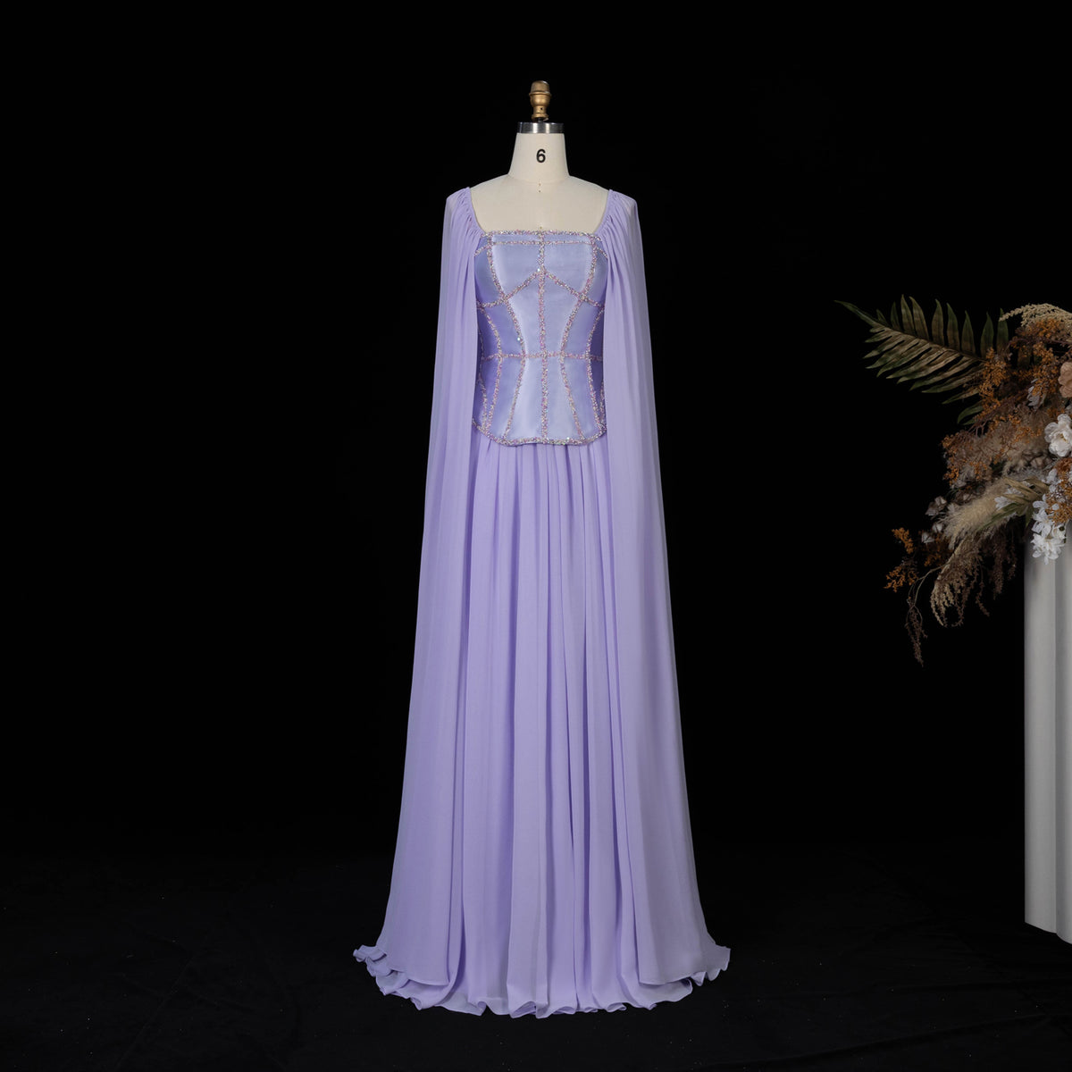Elegant Lilac Square Neck Beaded Corset Cape Sleeve Chiffon Evening Dress SF413