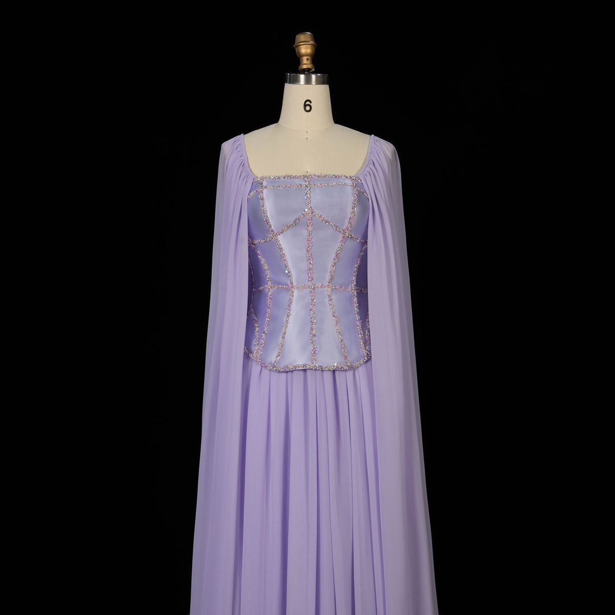 Elegant Lilac Square Neck Beaded Corset Cape Sleeve Chiffon Evening Dress SF413