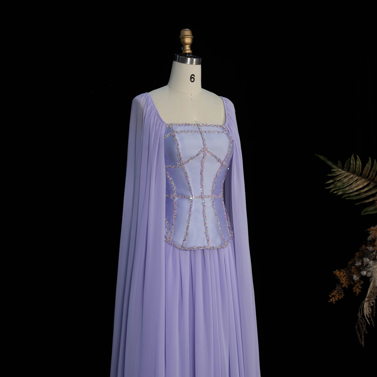 Elegant Lilac Square Neck Beaded Corset Cape Sleeve Chiffon Evening Dress SF413