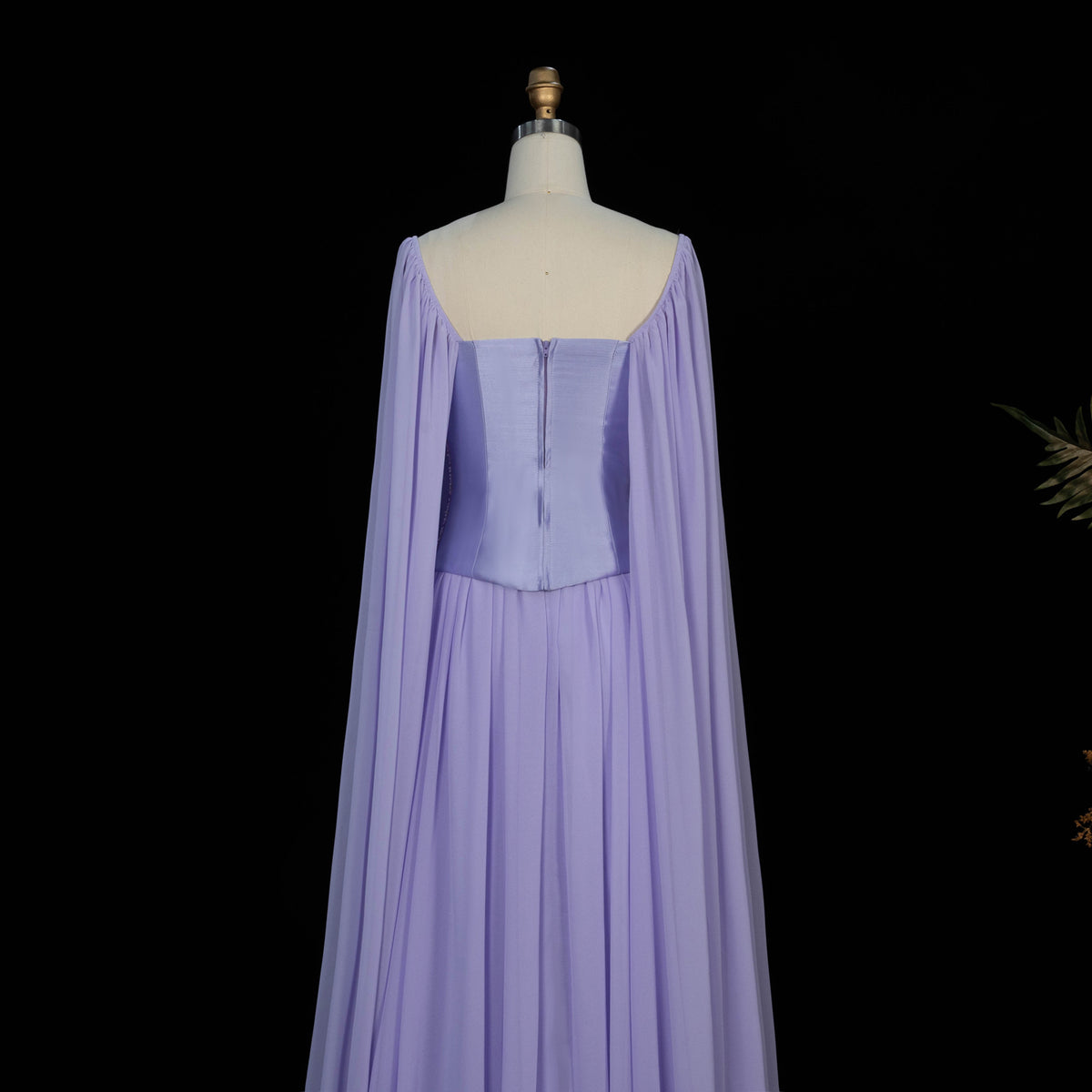 Elegant Lilac Square Neck Beaded Corset Cape Sleeve Chiffon Evening Dress SF413