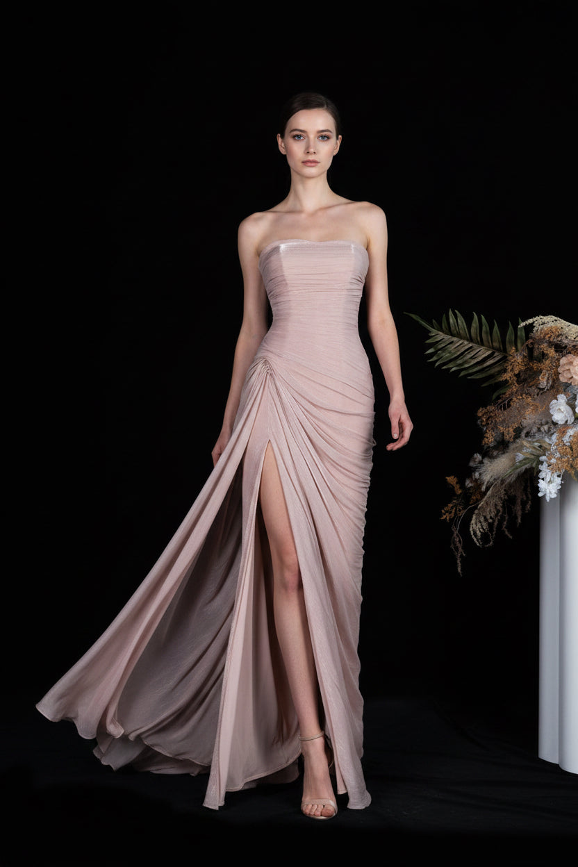 Luxury Rose Pink Strapless High Slit Evening Dress with Overskirt SF053