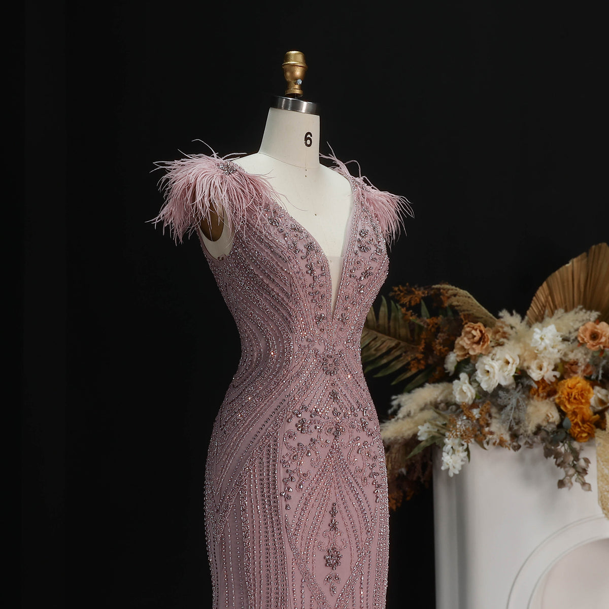 Luxury Pink V-Neck Feather Trim Beaded Mermaid Evening Dress SS122