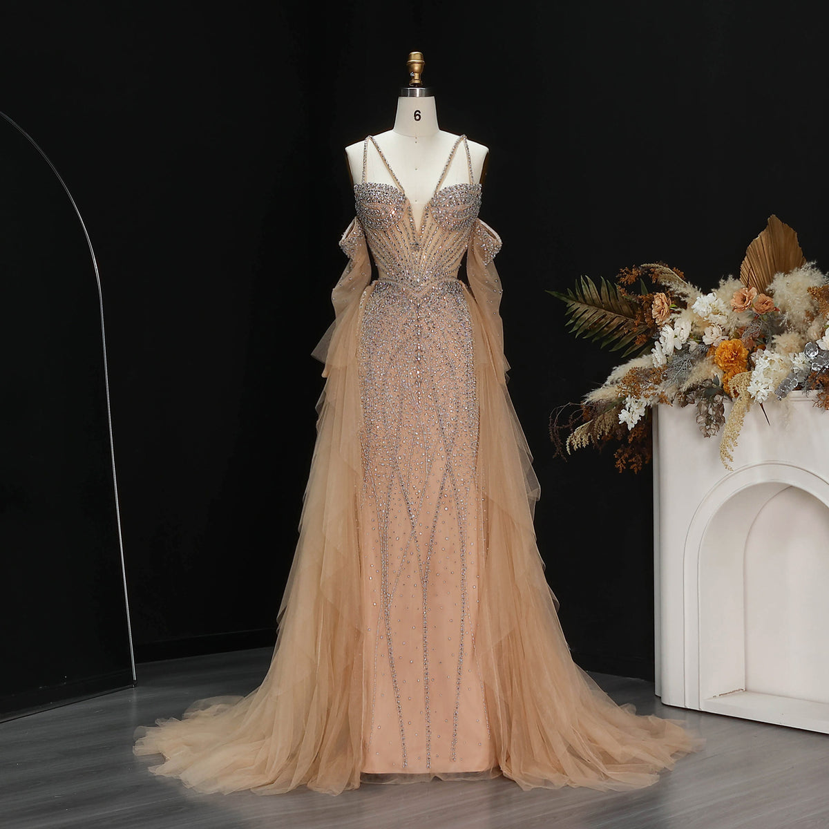 Romantic Teal Tiered Beaded Detachable Sleeves Evening Dress with Overskirt SS123