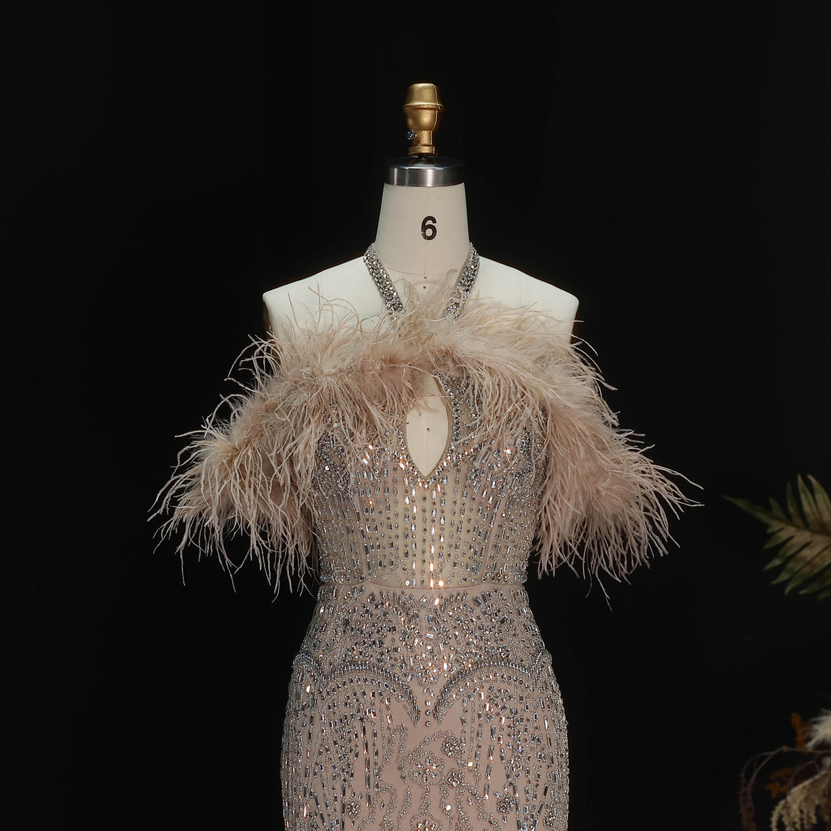 Glamorous Blush Pink Halter Neck Evening Dress with Feather Trim and All-Over Beading SS124
