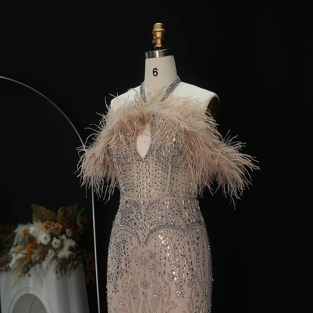 Glamorous Blush Pink Halter Neck Evening Dress with Feather Trim and All-Over Beading SS124