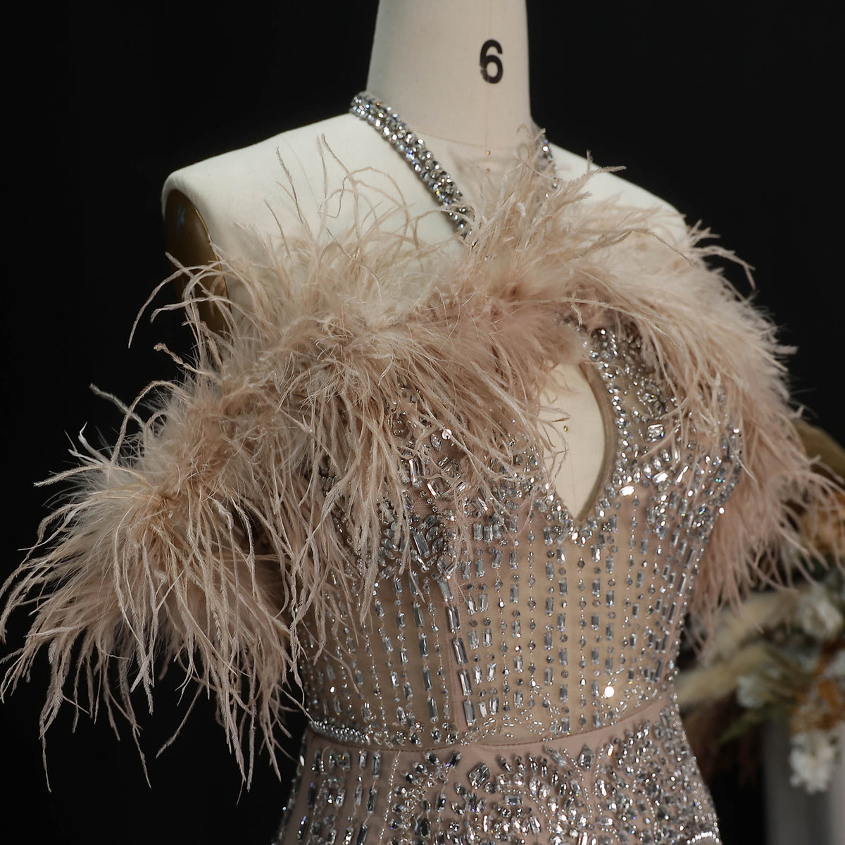 Glamorous Blush Pink Halter Neck Evening Dress with Feather Trim and All-Over Beading SS124