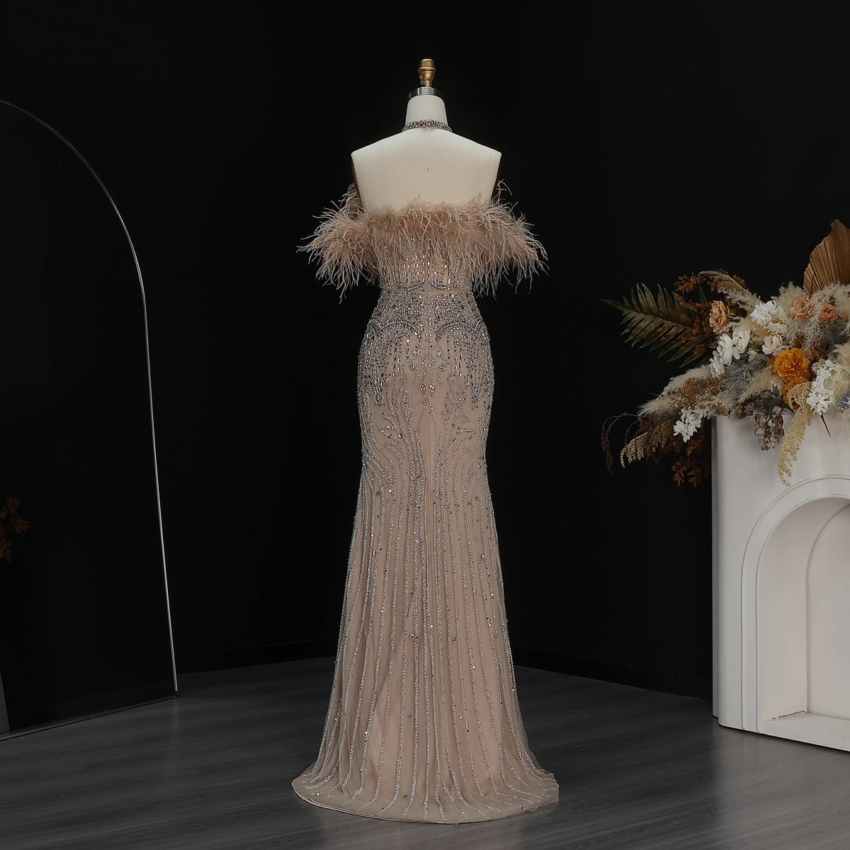 Glamorous Blush Pink Halter Neck Evening Dress with Feather Trim and All-Over Beading SS124
