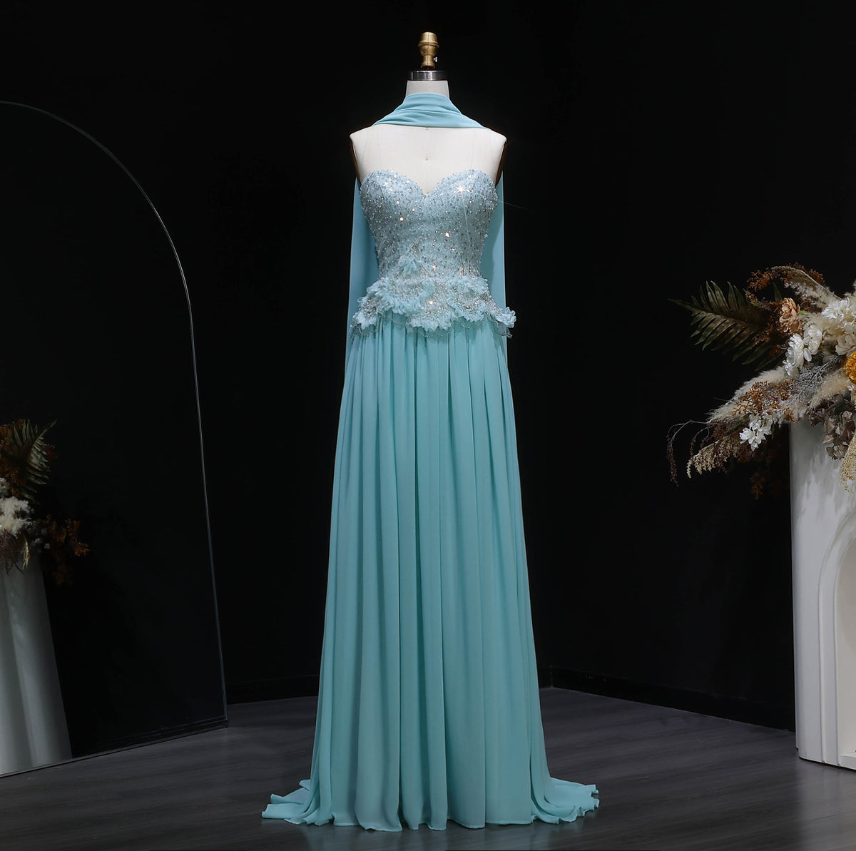 Glamorous Aqua Chiffon Evening Dress with Sparkling Bodice SS274