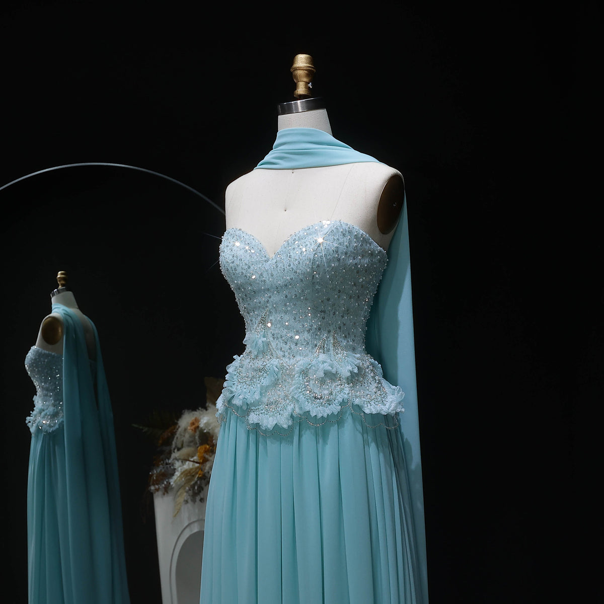 Glamorous Aqua Chiffon Evening Dress with Sparkling Bodice SS274