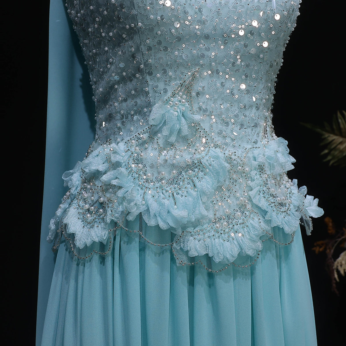 Glamorous Aqua Chiffon Evening Dress with Sparkling Bodice SS274