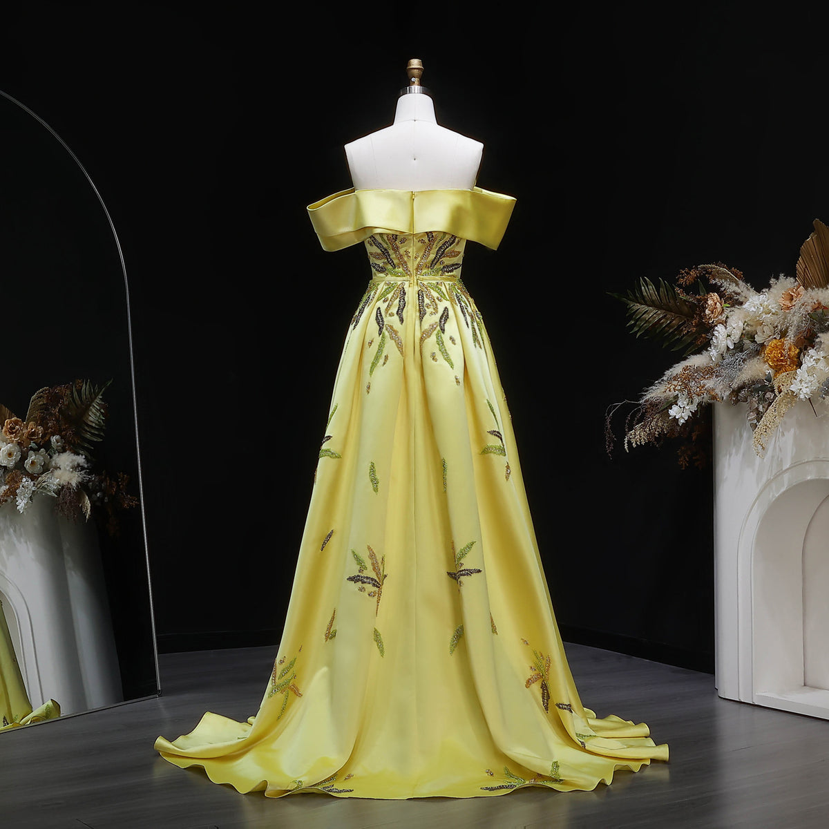 Elegant Yellow Crystal Embroidery Satin Evening Dress with Overskirt SS447