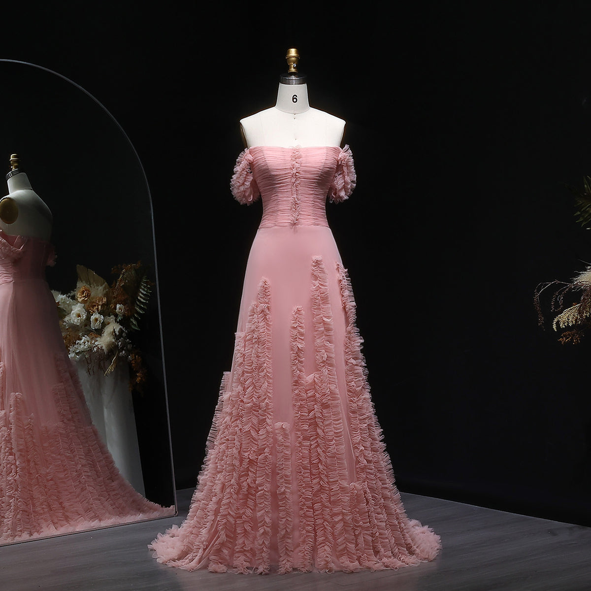 Luxury Pink Allover Frill Mesh Off Shoulder Train Evening Dress SF277