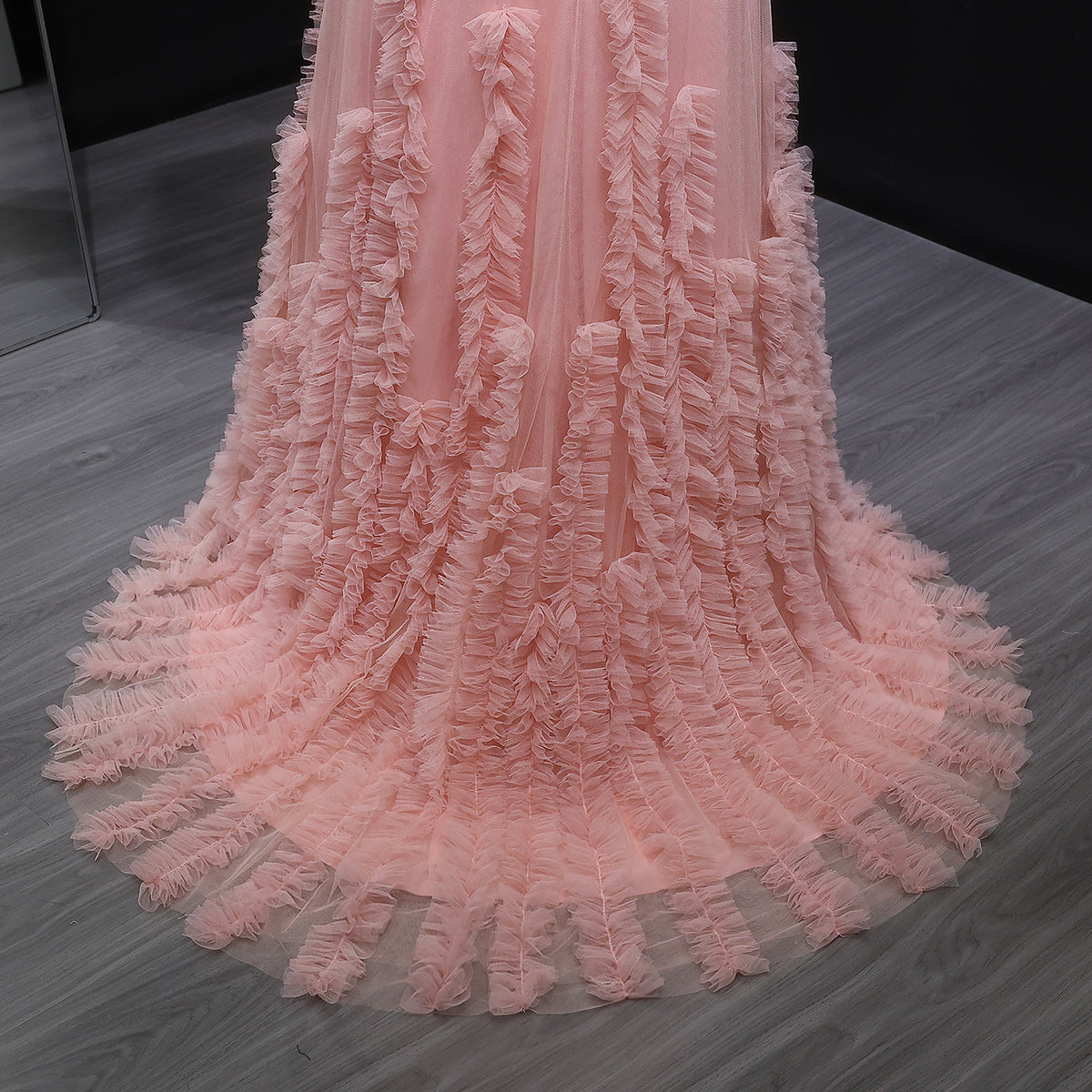 Luxury Pink Allover Frill Mesh Off Shoulder Train Evening Dress SF277