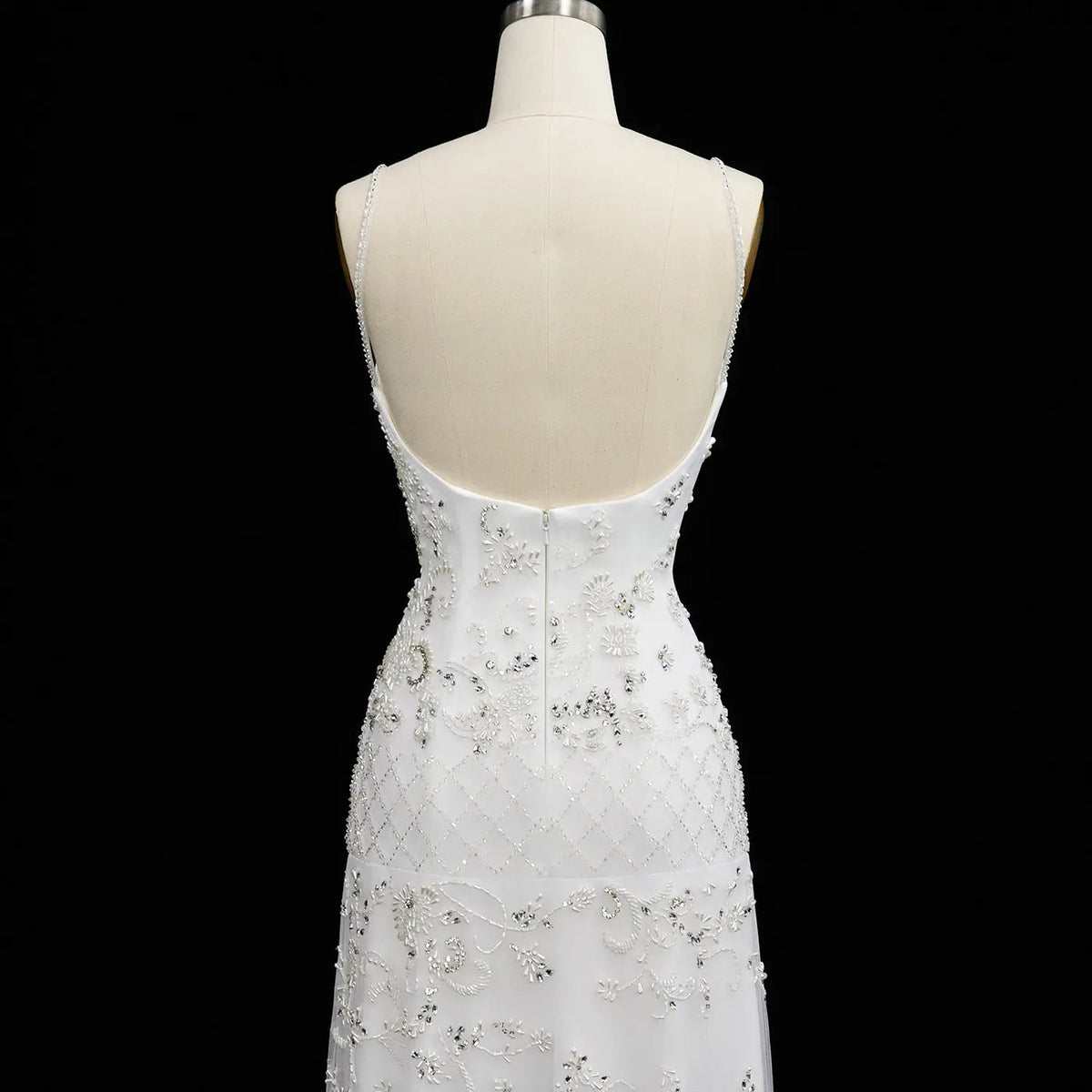 White Spaghetti Strap Beaded Rhinestone Backless Long Evening Dress SS576