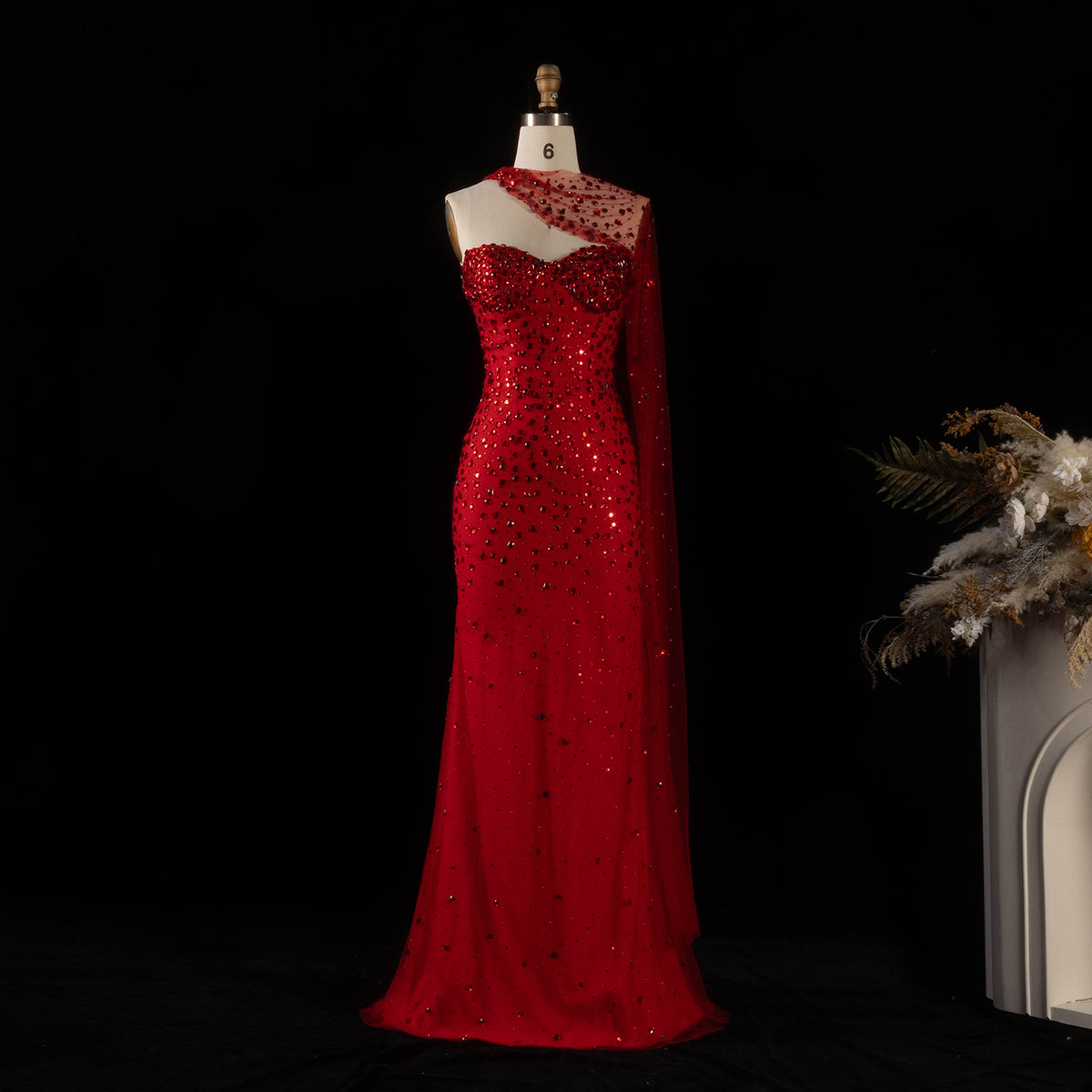 Luxury Red Sheer Mesh Crystal Beaded Mermaid Evening Dress with Cape SS711